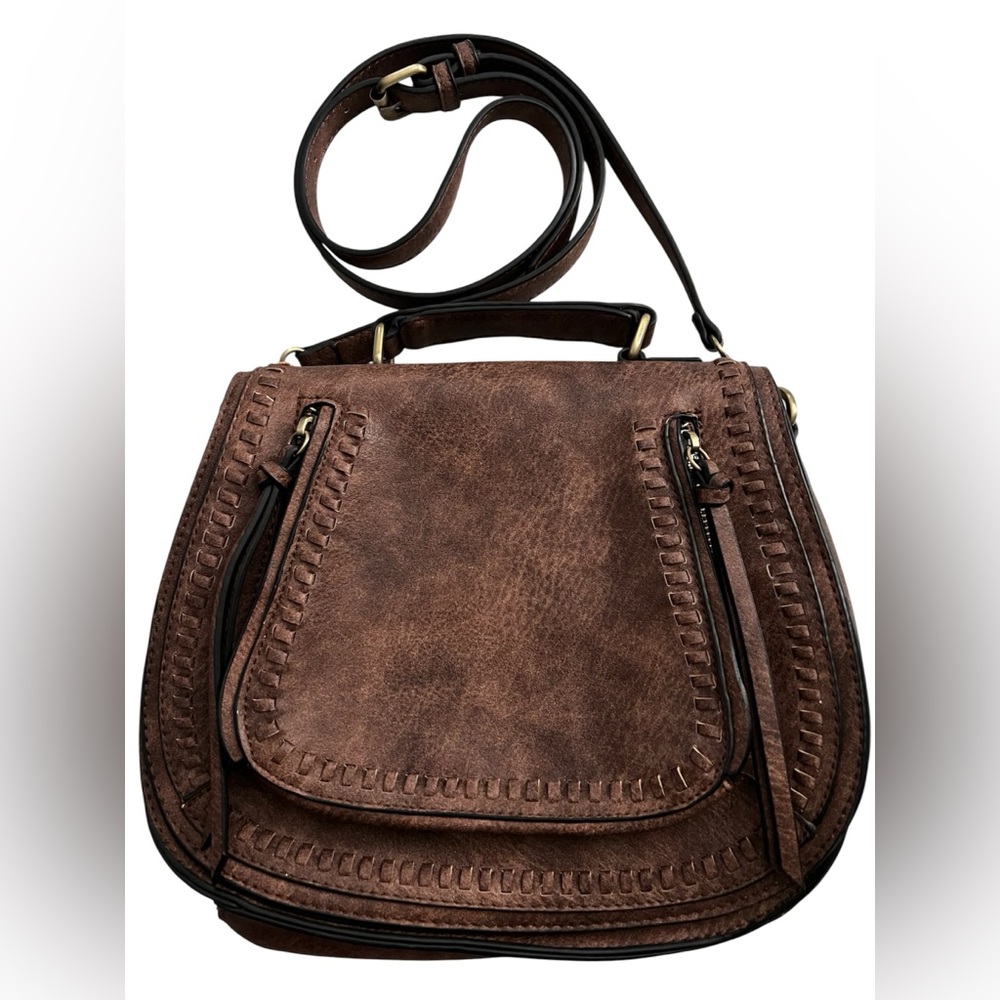 Madison West Brown Woven-Trim Crossbody  Saddle Bag